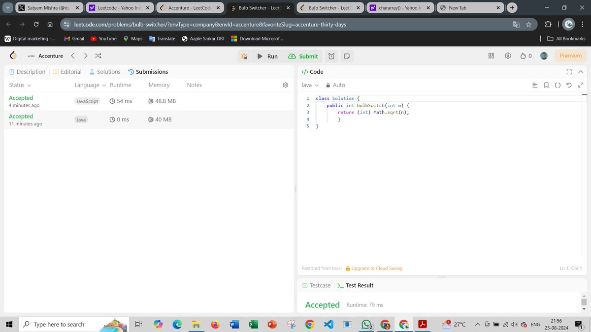 its_me_mishra's tweet image. Today i have solve the @accenture problem code in leetcode 319. Bulb Switcher With very easiest approach in JavaScript as well as in Java Programming Language.
#leetcoder #leetcode #Coding #coder