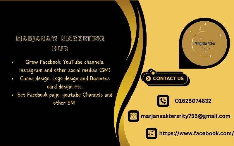 Hi everyone, I'm Marjana, I'm a digital marketer. I can set up and grow you social media(SM) such as Facebook page, Instagram, YouTube channels and twitter and I can also make canvas designs.

  Link- marjanaaktersrity.blogspot.com

---------------------- 
#Socialmedia #canvas #Bengali