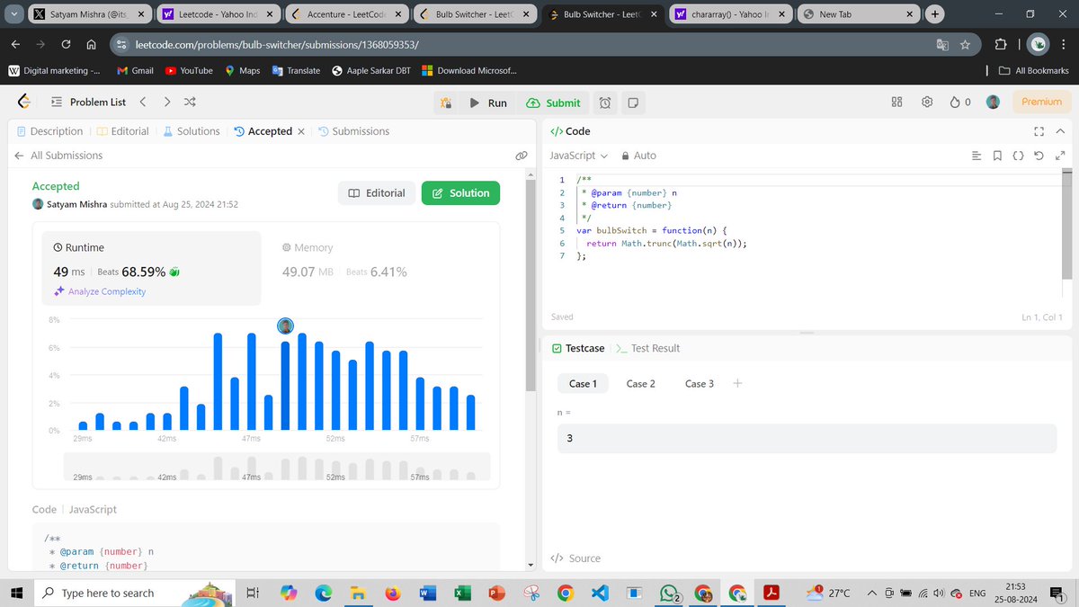 its_me_mishra's tweet image. Today i have solve the @accenture problem code in leetcode 319. Bulb Switcher With very easiest approach in JavaScript as well as in Java Programming Language.
#leetcoder #leetcode #Coding #coder