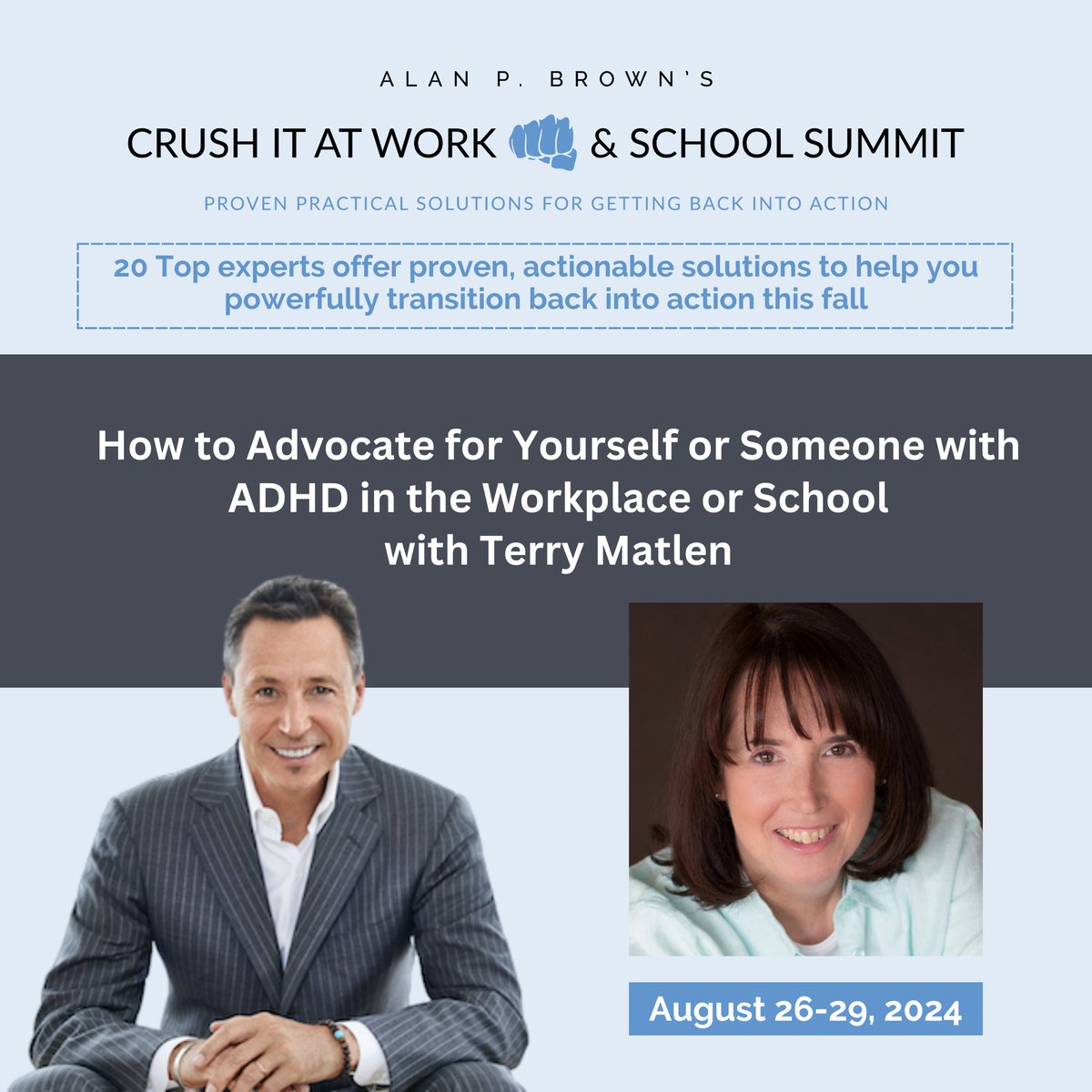 Join me and other top ADHD/EF gurus at Alan P. Brown’s Crush It at Work and School Summit, where we’ll help you powerfully transition back into action with proven, practical insights and strategies! Join us August 26-29 for FREE. Register here: bit.ly/3YCPEuW