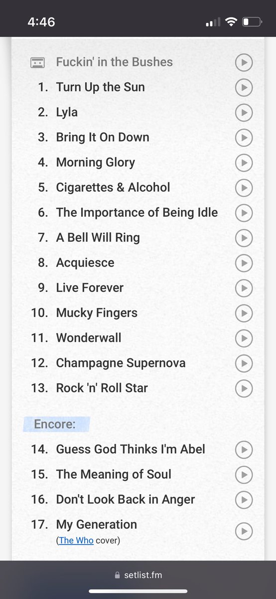 chopsaz's tweet photo. @Steven_Hyden Tbf that is an infinitely better setlist than we got in 2005 on the Don’t Believe the Truth tour. I’ve been meh on them ever since https://t.co/STMViIfMAj