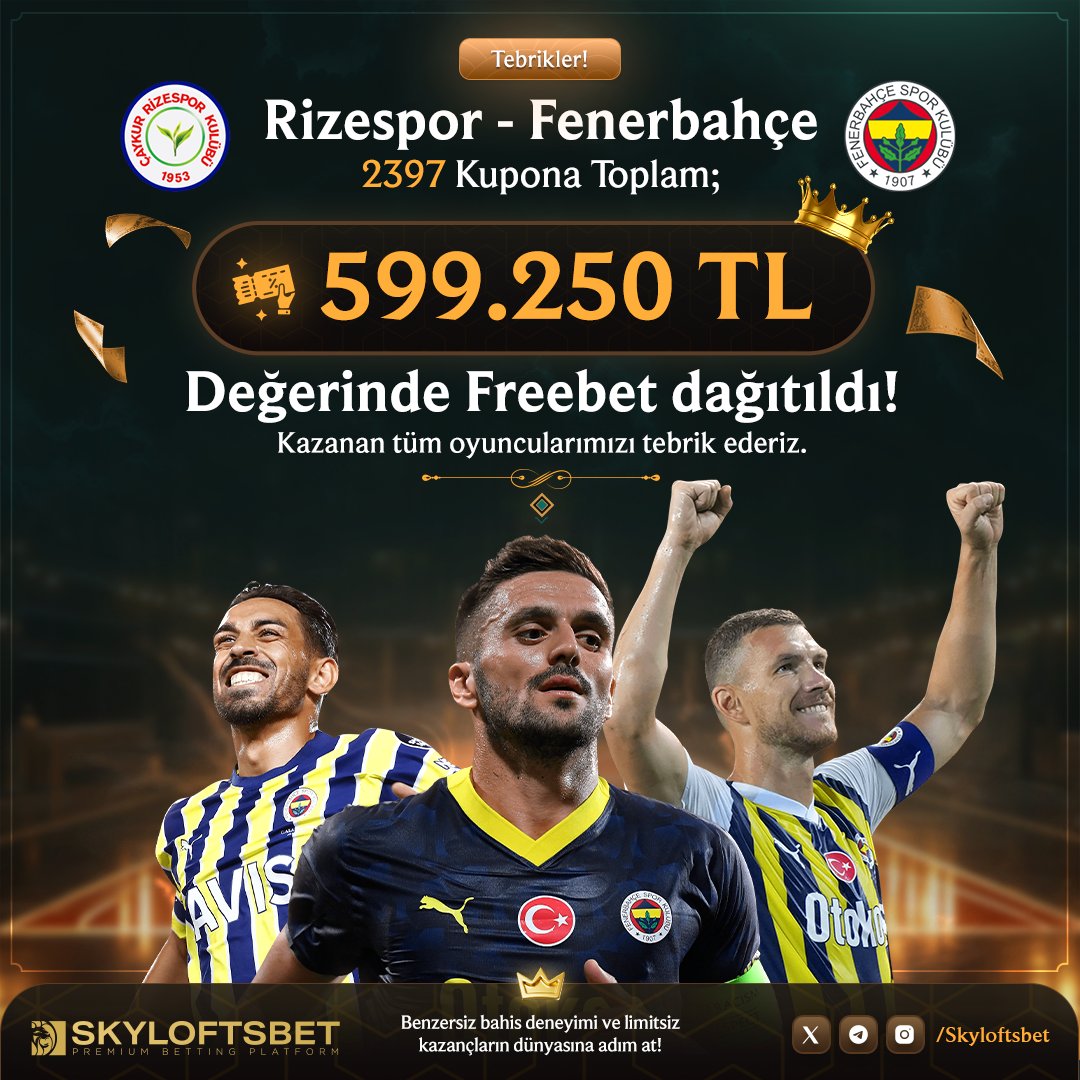 Tebrikler 👏

👑 Rizespor - Fenerbahçe Karşılaşasına 2397 Kupon Yapıldı. 

✈️ Skyloftsbet Sözünü Tuttu ve  599.250 TL  Freebet Dağıtımı Yapılmıştır.

💸Freebet Kazanan Tüm Oyuncularımızı Tebrik Ederiz.

Skyloftsbet Kazandırmaya Devam Ediyor....

🌐 Hemen Üye Ol