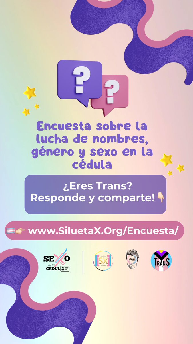 CentroTransEc's tweet photo. 🏳️‍⚧️🏳️‍🌈ENCUESTA sobre la lucha de nombres, género y sexo en la cédula. 

¿Eres Trans? Responde y comparte! 👇🏻
🏳️‍⚧️🏳️‍🌈👉🏻 https://t.co/TfwM1wABfI 

Campaña #SexoEnLaCedula
“CoaliTrans” 
Asociación Silueta X (0982001871)
Asociación Transmasculinos - Hombres Trans Ecuador (0981339708) 🏳️‍🌈 https://t.co/mgJtjEINCI