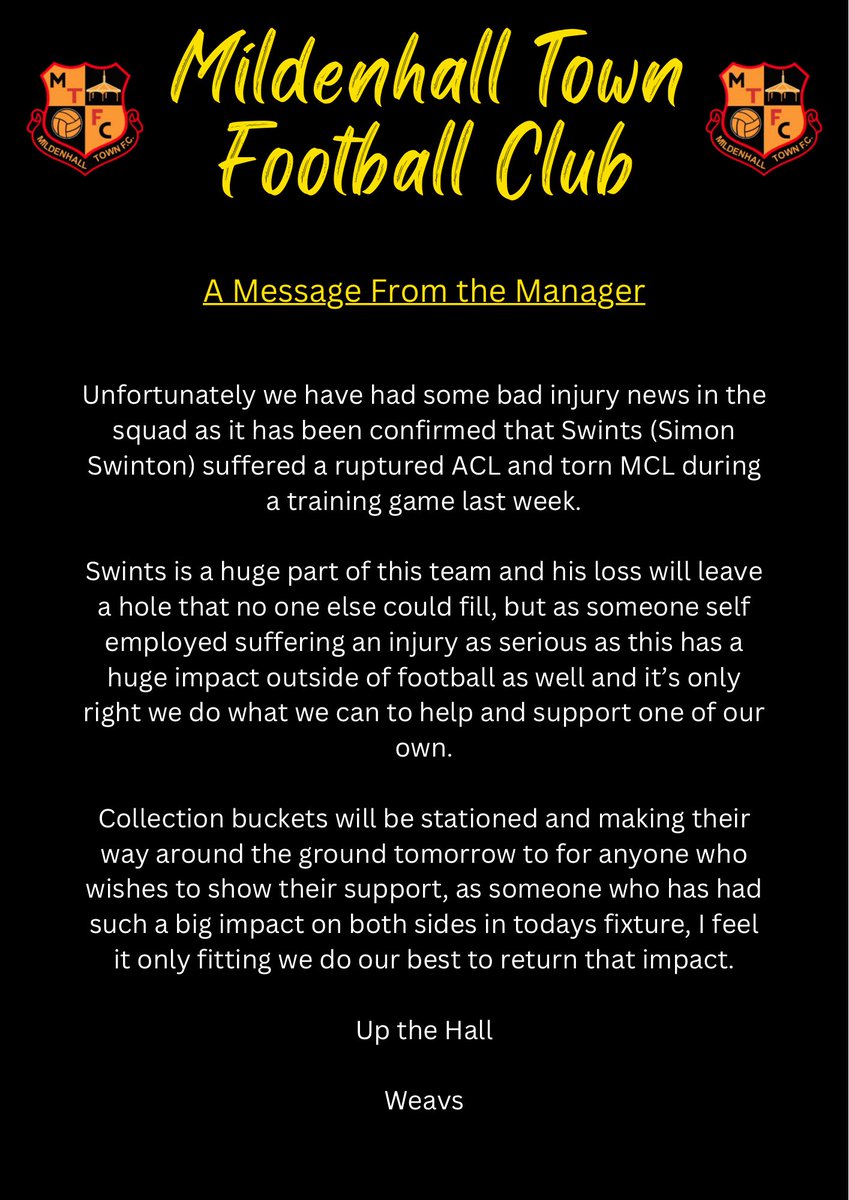 A message from the manager ahead of tomorrow’s game with <a href="/cambridgecityfc/">Cambridge City FC</a> with some bad news on <a href="/simonswinton/">Simon Swinton</a> recent injury.

Everyone at the club wish Simon a very speedy recovery.

#upthehall #oneclub #supportourown