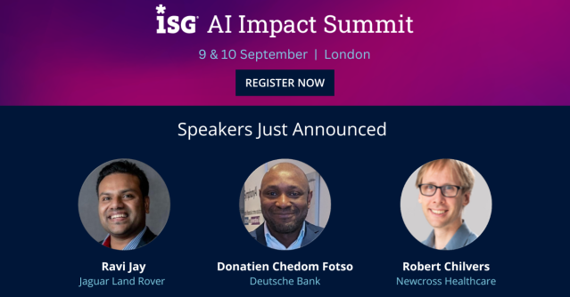 kevin_dws's tweet photo. Join the ISG AI Impact Summit, 9-10 September in London, for an actionable, an end-to-end perspective of #AI as a critical part of your business strategy, from experts with Deutsche Bank, Jaguar Land Rover, Newcross Healthcare and more. #ISGEvents https://t.co/lMi8sSwL4K https://t.co/gaZMxly8NP
