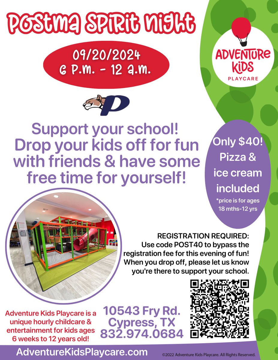 **Save the Date** Postma PTO &amp; Adventure Kids Playcare have teamed up for a great parents night out on September 20th.  See the flyer for additional information. #pumapride