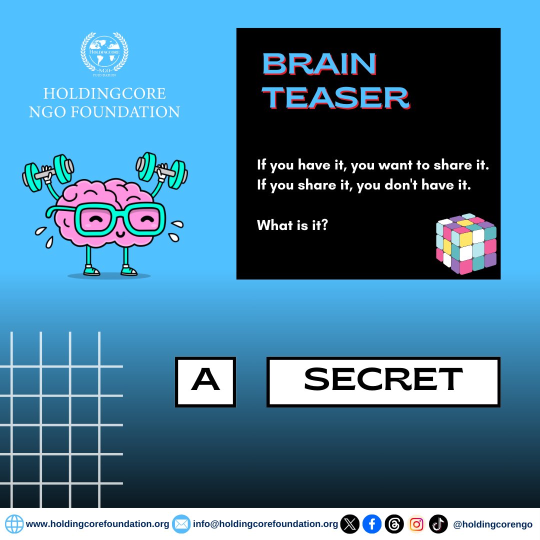 Holdingcorengo's tweet photo. HOLDINGCORE EMP FOUNDATION BRAIN TEASER

ANSWER: A SECRET 

Were you able to guess the word? Let's know in the comments.

#teaser #wordpuzzle #HoldingcoreEMPFoundation https://t.co/KoJxzLD1D6