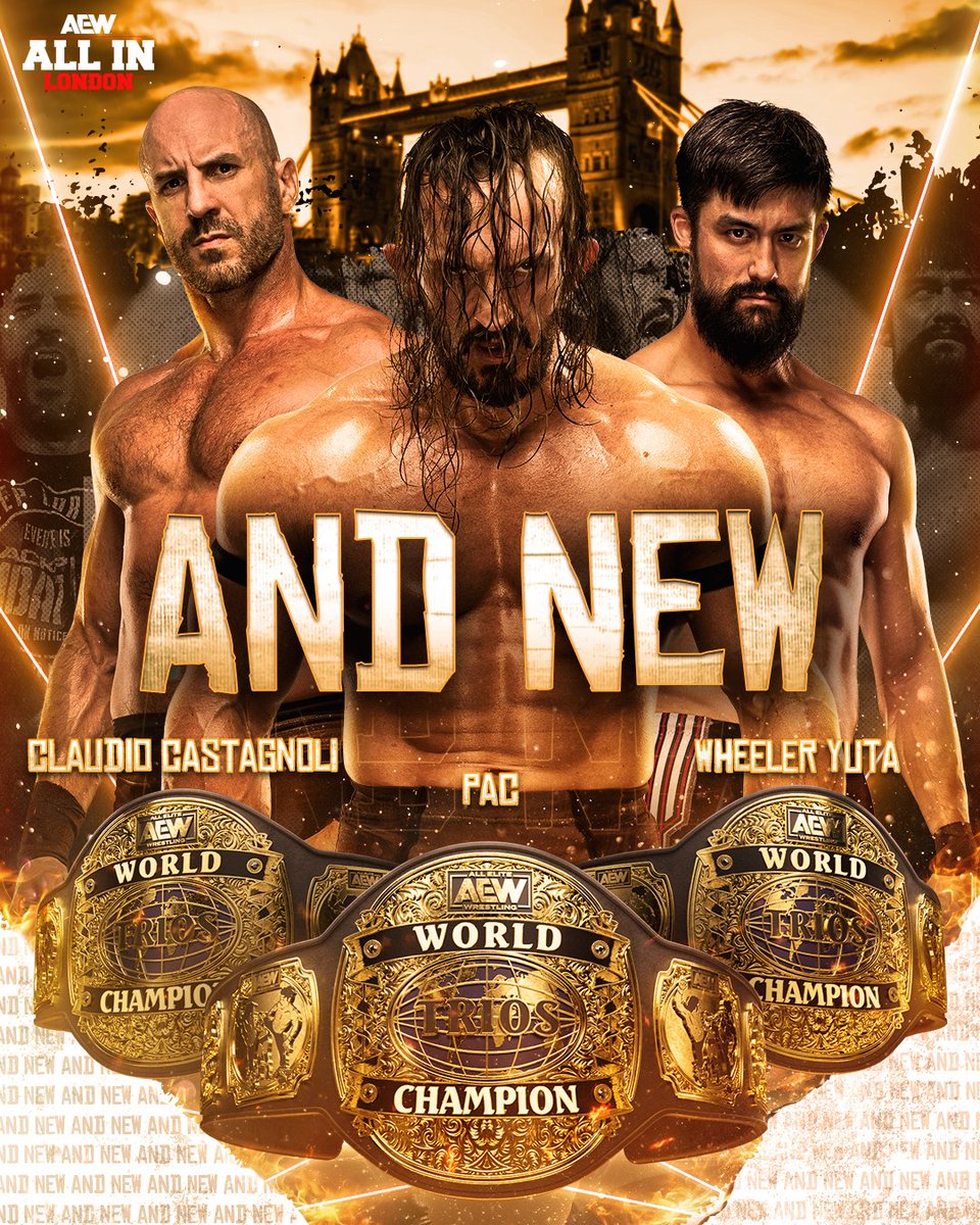 AEW's tweet photo. #AndNEW!
Your NEW #AEW World Trios Champions are @BastardPAC and #BCC's @ClaudioCSRO, @WheelerYuta!
#AEWAllInLondon https://t.co/P13WT0z91v