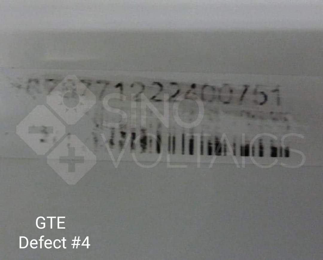 5 Solar Panel Quality Defects you can detect by yourself

Defect #4 – Fading labels and barcodes

According to IEC standards, every solar module needs to have a barcode encapsulated inside the PV module behind the glass.
This is important because in case of a warranty claim,