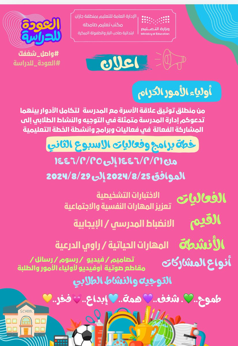 cloud0_f's tweet photo. أولياء الأمور الكرام
من منطلق توثيق علاقةالأسرةمع المدرسةلتكامل الأدوار بينهماتدعوكم إدارةالمدرسةمتمثلة في التوجيه والنشاطالطلابي إلى المشاركةالفعالة  في فعاليات وبرامج وأنشطةالخطةالتعليميةالاسبوع الأول من الفصل الأول للعام الدراسي ١٤٤٦

#العوده_للدراسة 
#الخطة_التعليمية_الفصلية https://t.co/hApJNeV1WS