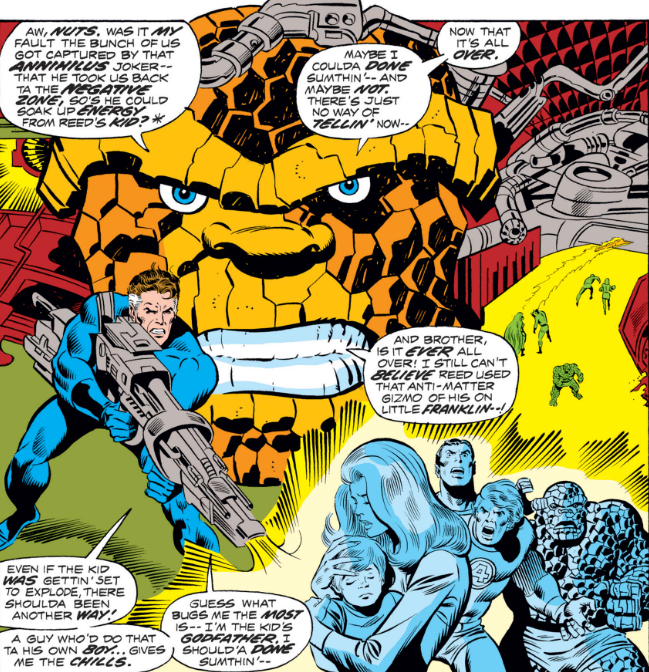 MarvelADay's tweet photo. #MarvelADay #FF142 The flight gives Grimm time to reflect on the events of last issue, which gave everyone involved a severe case of angst. Except Franklin, of course, who lost his consciousness instead. - crs https://t.co/8JbBzMjKdX