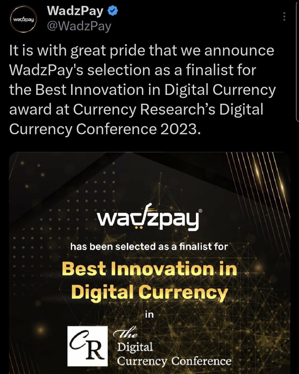 Westman20202's tweet photo. $WTK - $8m MC 💎

Last year @WadzPay was a finalist for  Best Innovation at the Digital Currency Awards, and they were up against $XLM (Stellar) and Currency Network ltd. 

Wadzpay came second, after @StellarOrg 

#WTK $XRP $XDC $QNT $ALGO $HBAR https://t.co/SAf78dX9V1