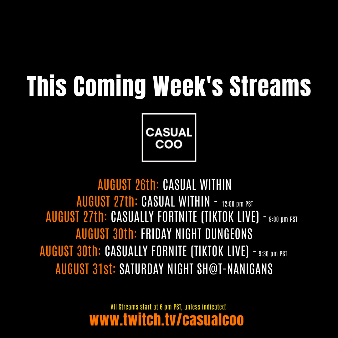 CasualCoo's tweet photo. Need your casual fix this coming week? Here is @CasualCoo's stream schedule for this week. It's a light week this week!
#forthecasual #casualgamer #streamschedule #fungaming #worldofwarcraft #fortnite #worldwithin https://t.co/pDBQdpUzzL
