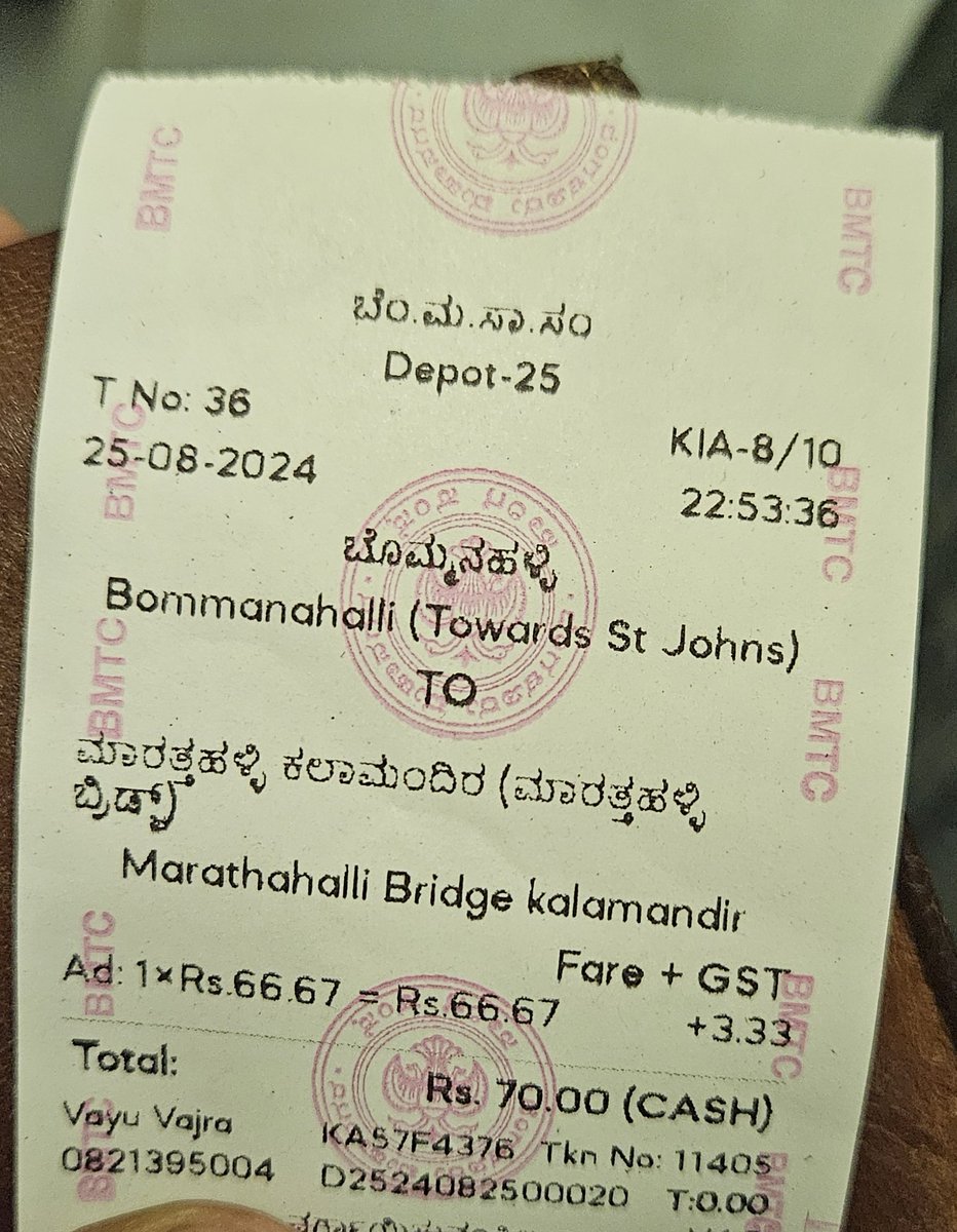 ShebinAzeez's tweet photo. @BMTC_BENGALURU 

Boarded a bus from silk board to Multiplex marathahalli and the conductor charged from bommanahalli(4km before actual boarding point) to marathahalli bridge.

KIA bus doesnt have any boarding point with fare from silkboard??? https://t.co/AZpz08GdaD