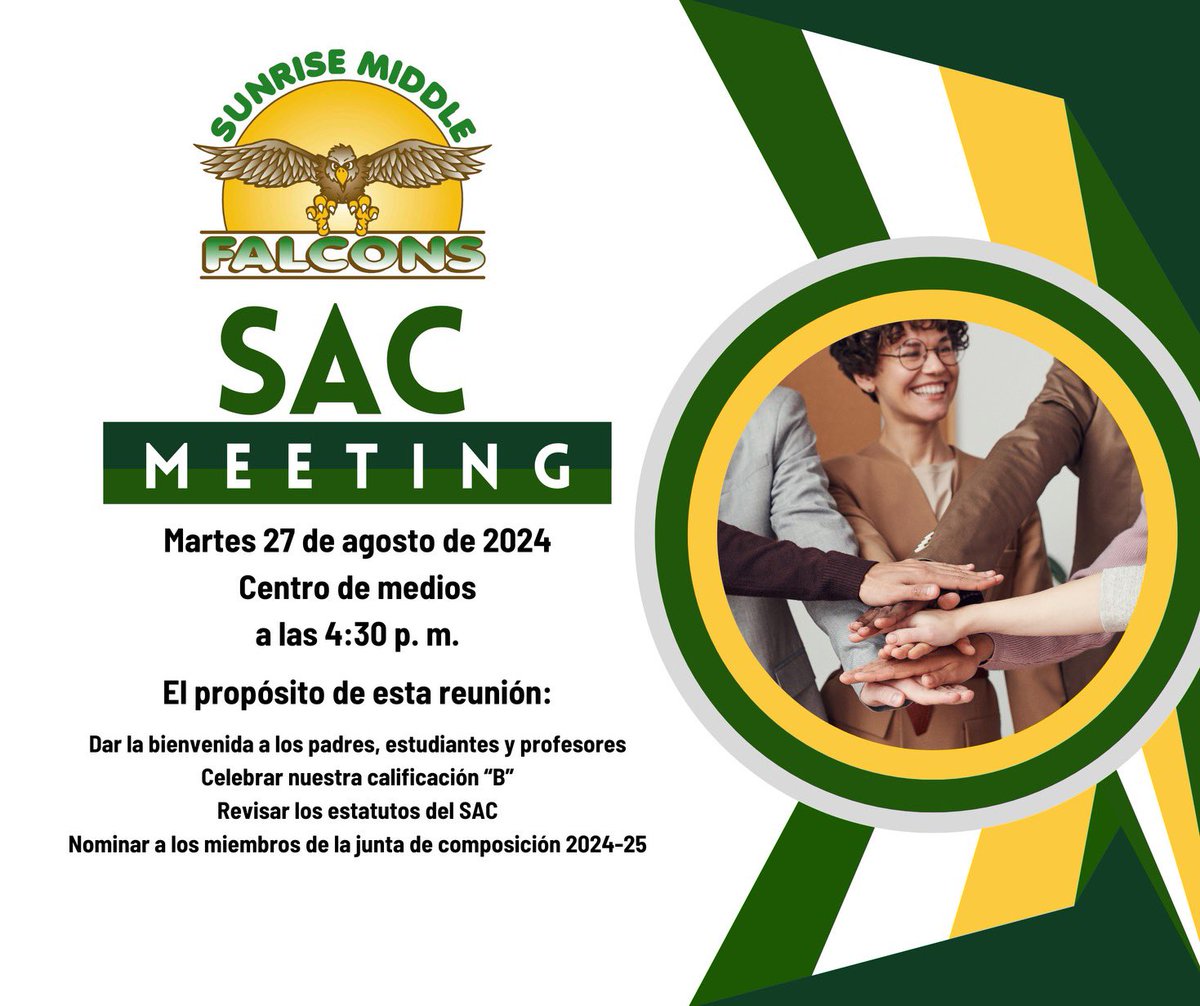 Hope everyone can join us for our first SAC meeting of the year !!! 8/27/24 at 4:30pm in the media center 💚💛💚💛