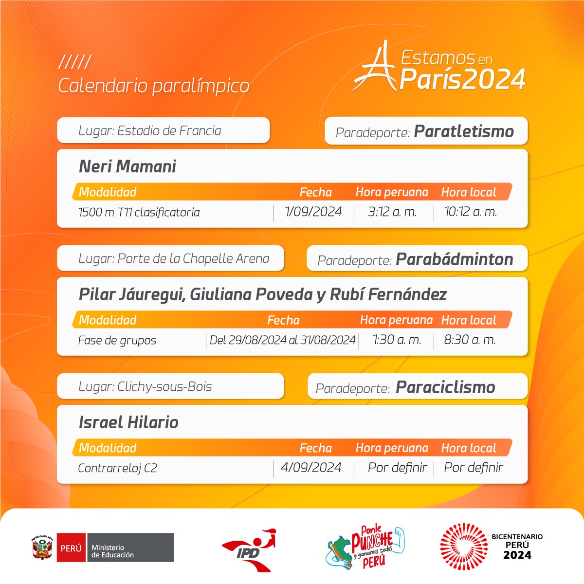 #EstamosEnParis2024 | 🗓️ Calendario oficial - 🇵🇪 Peruanos en París 2024 🇫🇷

📌 Conoce aquí los días, horarios y sedes de competencia de nuestros compatriotas en los Juegos Paralímpicos París 2024.

👉 La participación nacional inicia este jueves 29 de agosto.