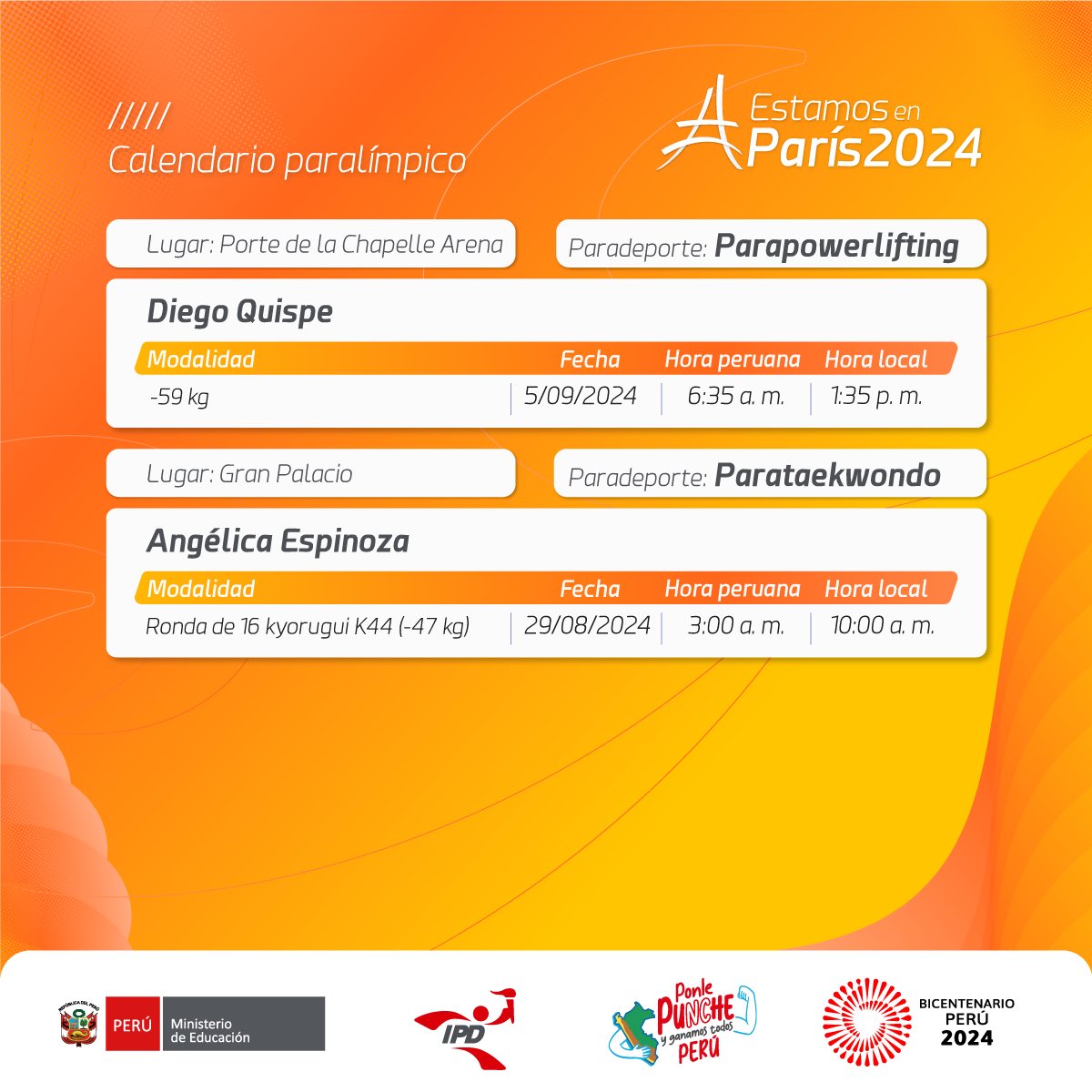 ipdperu's tweet photo. #EstamosEnParis2024 | 🗓️ Calendario oficial - 🇵🇪 Peruanos en París 2024 🇫🇷

📌 Conoce aquí los días, horarios y sedes de competencia de nuestros compatriotas en los Juegos Paralímpicos París 2024.

👉 La participación nacional inicia este jueves 29 de agosto. https://t.co/18DHpesNmX