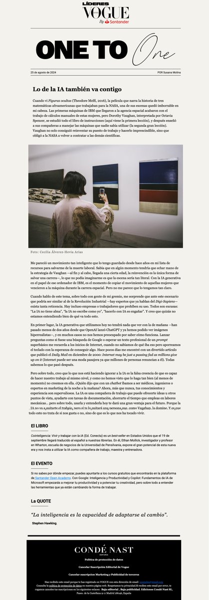 Hoy escribo en la newsletter de Vogue Líderes por qué deberías ponerte las pilas con esto de la #InteligenciaArtificial, sobre todo porque es lo que haría la super woman Dorothy Vaughan. Sé que puede dar pereza pero es lo que toca.