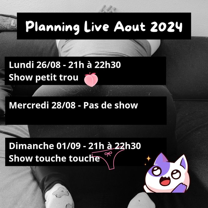 Planning des lives de cette derni&egrave;re semaine d'ao&ucirc;t 💦   En attendant cette courte semaine on se retrouve<a href="/tag/stripchat"class="tags"><span>#stripchat</span></a><a href="/tag/stripchatlive"class="tags"><span>#stripchatlive</span></a>