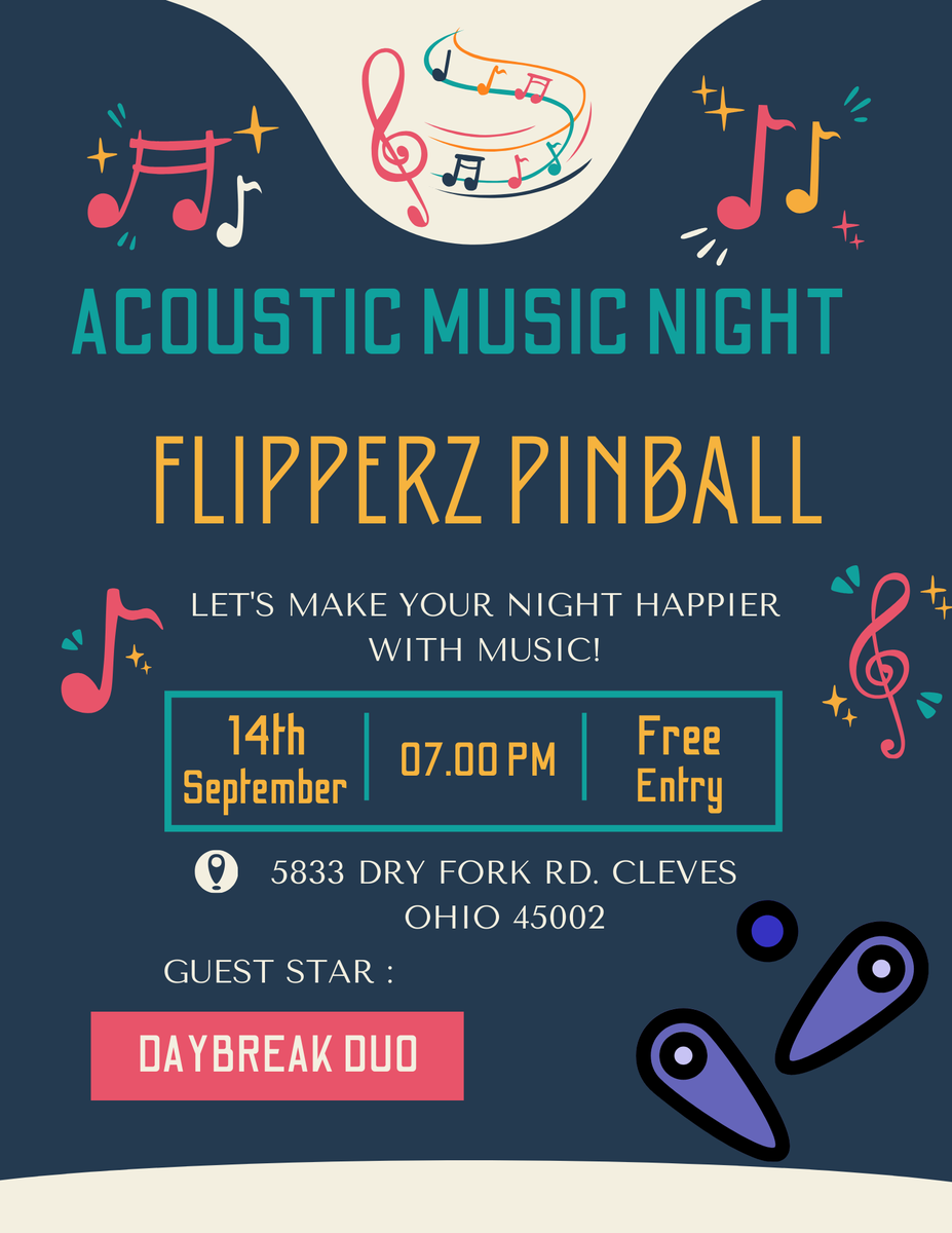 Mark your calendars for Sept 14th!!
We’re thrilled to welcome the Daybreak Duo back to our arcade! 📷 Get ready to groove along with their acoustic vibes while enjoying all your favorite pinball games. Whether you're here for the music, the games, or both itll be great!