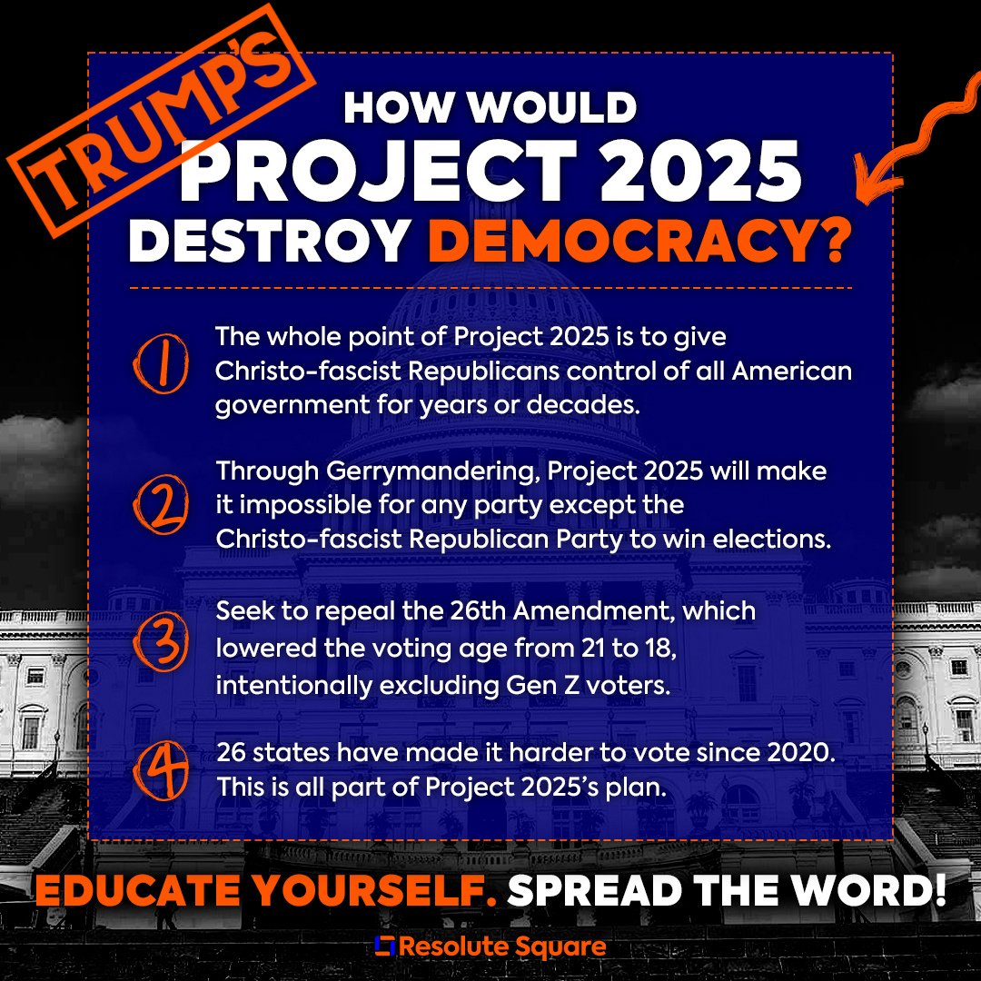 302MusicNetwork's tweet photo. Trump &amp; MAGA Republicans promise to implement #Project2025 if they win in November. Share to inform Americans what this could mean for our rights, our freedoms and the future of our republic. .  via @ResoluteSquare. Take the pledge to defend democracy-> https://t.co/aLieTW9LkZ https://t.co/3AFh7BGe9J