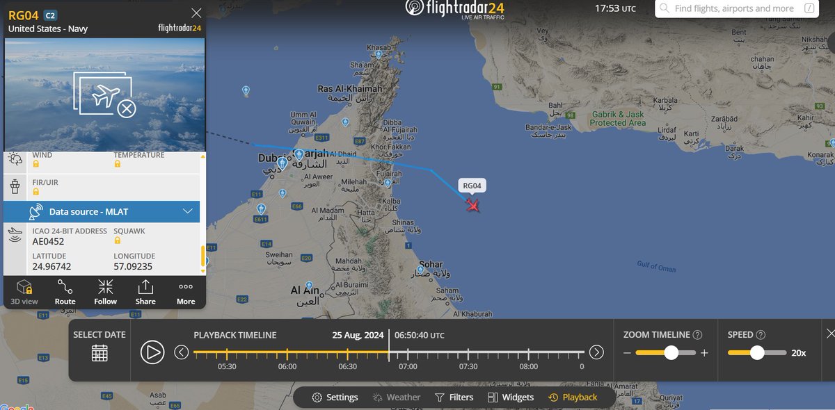 d_viekass's tweet photo. #Flightradar24 #C2Greyhound #RG04 visiting #USSTheodoreRoosevelt #CVN71 in #GulfofOman on 25 Aug 24. ✈️ Loc:24.967,57.092 at 06:50:40 UTC. @Moochikal @raje271065 @BerrySuraj @geethashok @MT_Anderson @supbrow @CeciliaSykala @duandang @ryankakiuchan @NavyLookout @TBrit90 @tom_bike https://t.co/fPmNIi3rVw