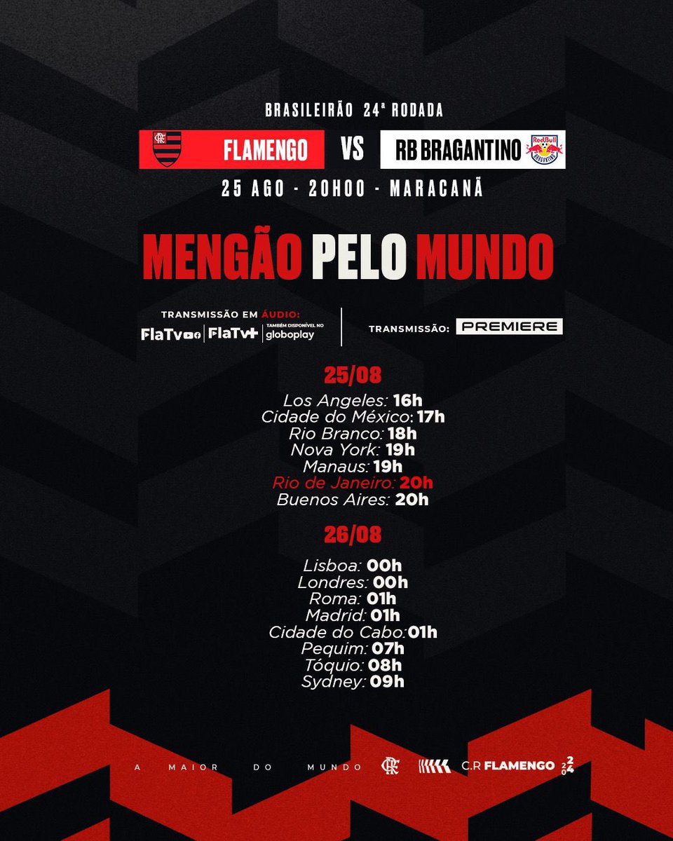 Flamengo's tweet photo. É dia de MENGO! Então 👀 nos horários! 

🚨 Você também pode aparecer nas nossas redes sociais! Vem de #FlaPeloMundo! 🌎❤️🖤

#FLAxRBB #VamosFlamengo https://t.co/0hdfIWaNcu