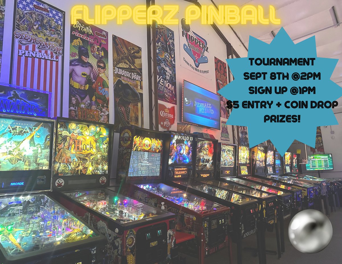 mark your calendars for our next pinball tournament.
Sept 8th. $5 entry fee + your own coin drop. Cash pay out + prizes!
All ages are welcome, we are beginner friendly!