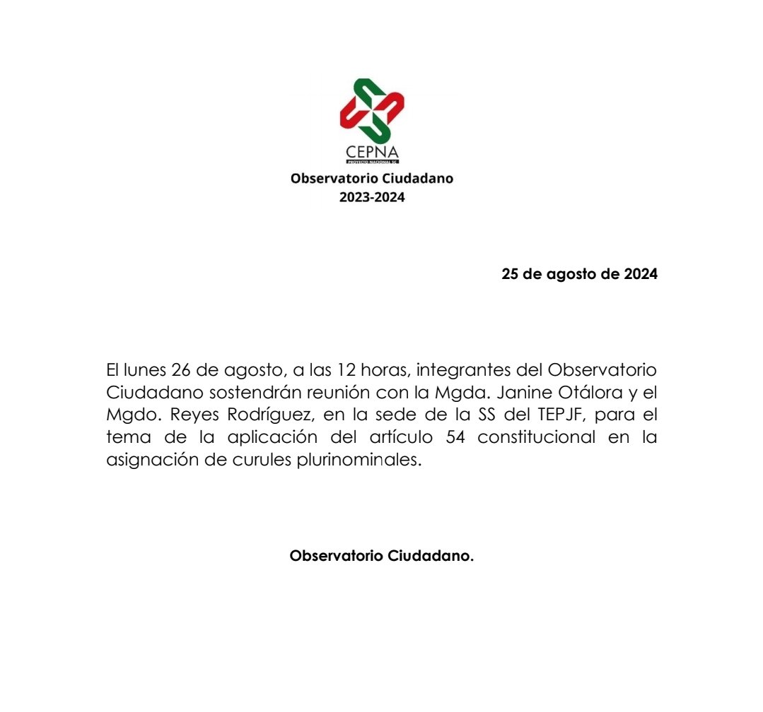 CEPNASC's tweet photo. 🚨El lunes 26 de agosto, a las 12 horas, integrantes del #ObservatorioCiudadano sostendrán reunión con la Mgda. Janine Otálora y el Mgdo. Reyes Rodríguez, en la sede de la SS del TEPJF. https://t.co/G5ethlKT5W