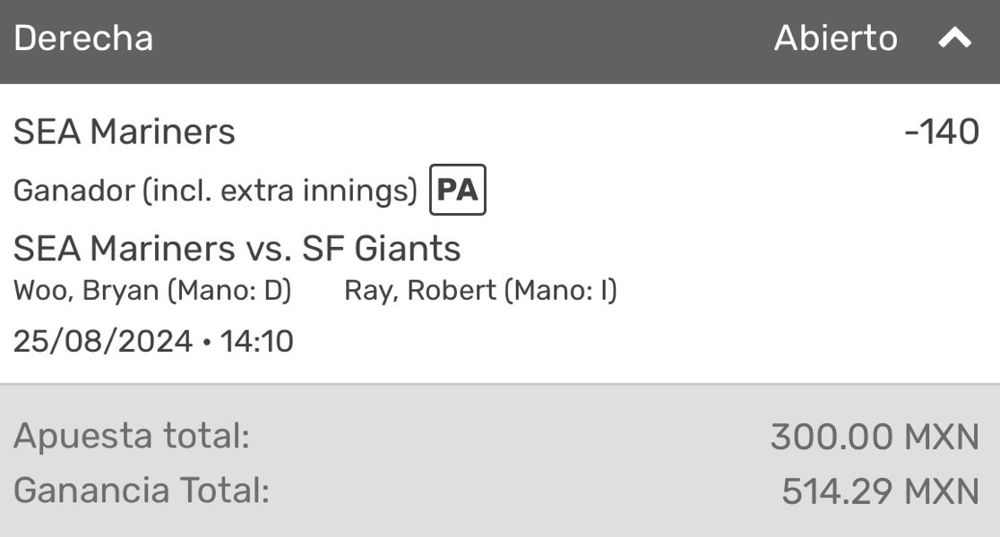 #MLB🇺🇸
🗓️Domingo 25/Agosto
1U = 💰$300

🔸Royals ML [-135] (1u)
🔸Mariners ML [-140] (1u)