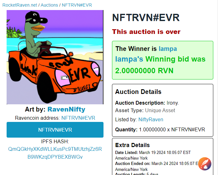We would love to see more auctions activity on RocketRaven.com/auctions

Here is the the most recent auction by <a href="/NFTRVN/">Nifty Raven</a>  &amp; <a href="/lampacenter/">lamps</a> 

#EVR #RVN #RAVENCOIN #NFT #NFTAUCTIONS