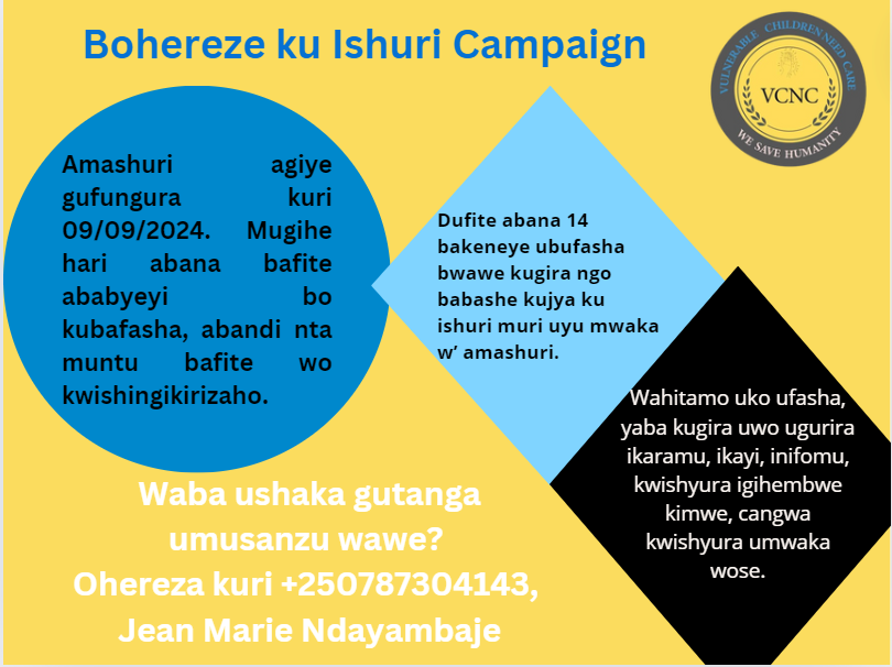 VCNCorg's tweet photo. #Boherezekuishuri
Umwaka w' amashuri wa 2024-2025 uratangira kuwa 09/09/2024. Nawe wagira uruhari mu gutera inkunga abana 14 bakeneye ubufasha bwo kujya kwiga. Umusanzu wawe ni inkunga ikomeye cyane.
#Gufasha #Ubuntu #Umutimaukunze #Inkunga https://t.co/lprKGKpU94