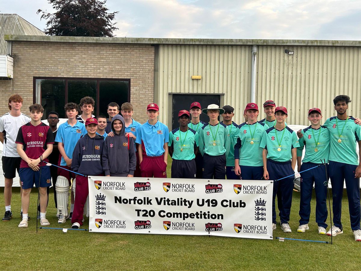 NorfolkCricket's tweet photo. ‼️ Norfolk U19 Club T20 Finals Day ‼️

2024 Champions are Hethersett &amp; Tas Valley 🏆

🔹 Tas Tornadoes 161/1 (20)
🔹 Fakenham Lancastrians 135/4 (20)

Thanks to Acle Cricket Club for their excellent hosting and hospitality along with the NACO officials  for umpiring 👏

#U19T20 https://t.co/WlxWMDGz0m
