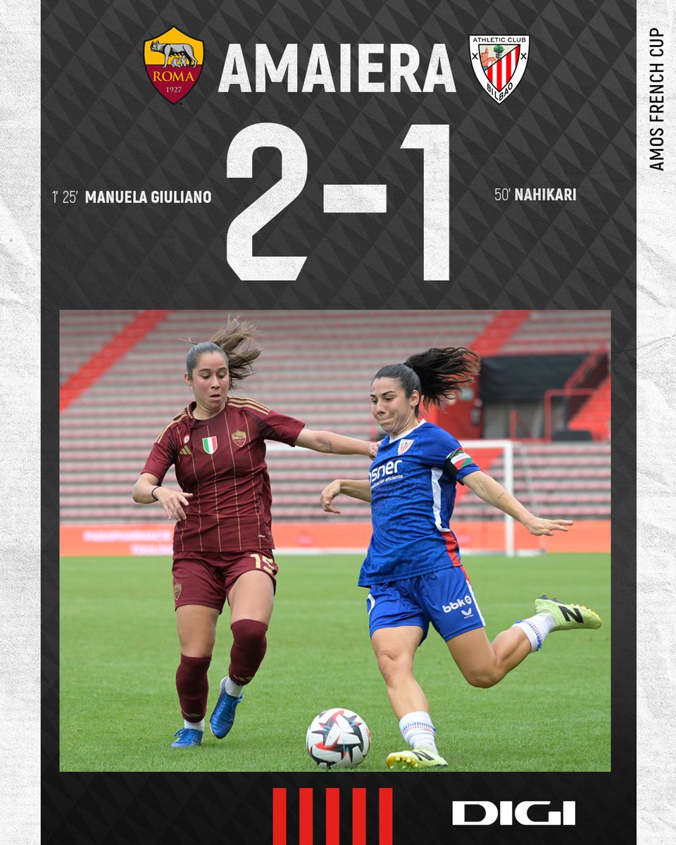 🔚 𝗔𝗠𝗔𝗜𝗘𝗥𝗔 𝗜 𝗙𝗜𝗡𝗔𝗟

El gol de Nahikari no ha sido suficiente para conseguir el trofeo de la #AWCF frente a la <a href="/ASRomaFemminile/">AS Roma Femminile</a>

🔨 Lanean jarraitzera, neskak!

#RomaAthletic #AthleticClubFem 🦁