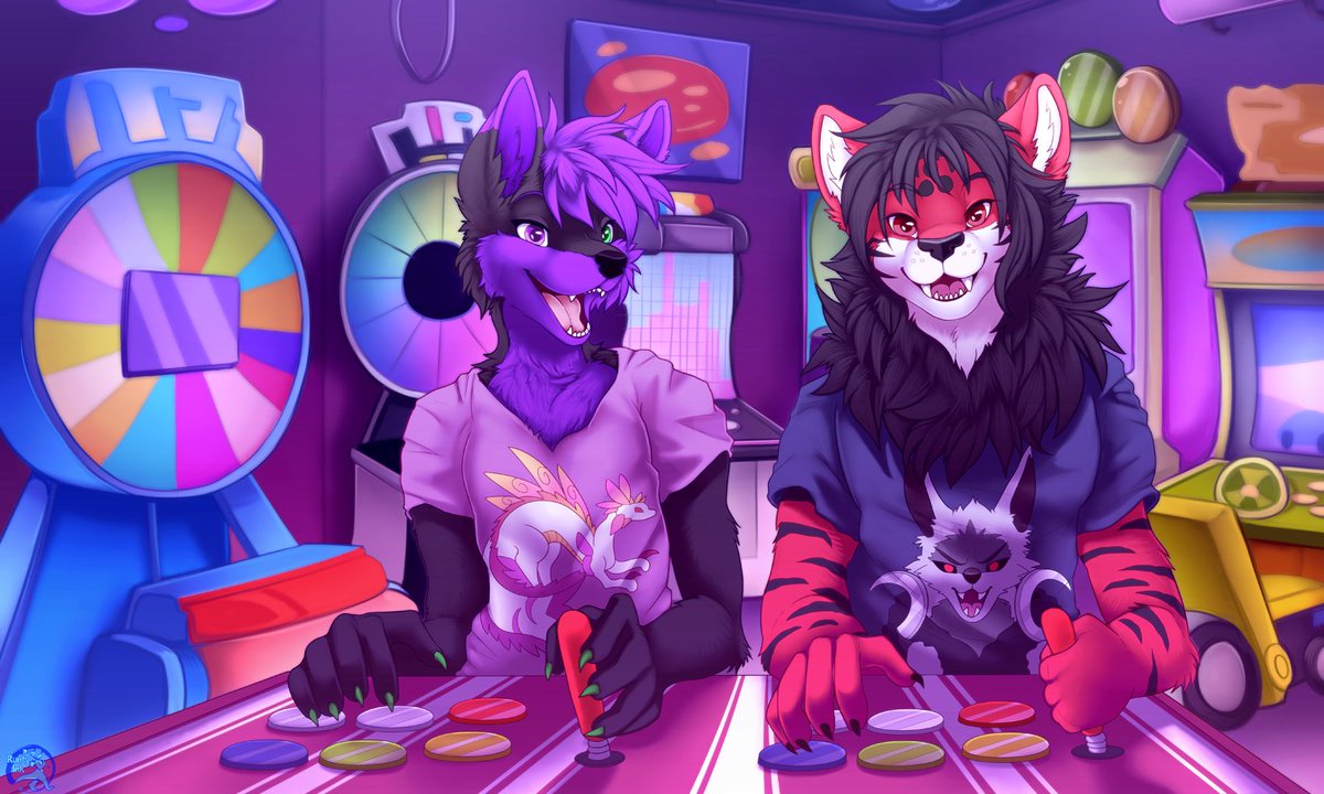 Fiyah and Sothe at the Arcade  - For <a href="/Fiyah_Liger/">Fiyah Liger 🩸🦁🐯🎤🎶💜🦊🖤</a> on Twitter

More can be found on my website at runtyink.com

#furry #furryart #art #commission #illustration #arcade #liger #fox