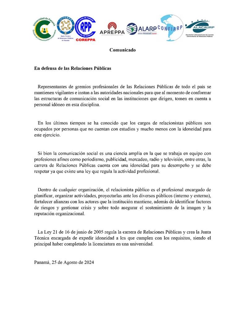 Relacionistas públicos en pie de alerta <a href="/AlvaroAlvaradoC/">Alvaro Alvarado - Noticias 180 Minutos/ Sin Rodeos</a> <a href="/Dalonsofbox/">Daniel Alonso</a> <a href="/EstrellaOnline/">La Estrella de Panamá</a> <a href="/felixchaveztv/">FÉLIX ANTONIO CHÁVEZ</a> <a href="/KWCONTINENTE/">KW Continente</a> <a href="/MetroLibrePTY/">Metro Libre</a> <a href="/prensacom/">La Prensa Panamá</a> <a href="/rpc_radio/">Rpc Radio</a> <a href="/TReporta/">Telemetro Reporta</a> <a href="/tvnnoticias/">TVN Noticias</a> <a href="/campusmediapty/">Campus Media</a> <a href="/klarykpp/">klaribel Pittí</a> <a href="/apreppa_pty/">APREPPA</a> <a href="/EdwinECabreraU/">Edwin Cabrera</a> <a href="/DorcasDeLaRosa/">Dorcas De La Rosa Guevara</a> <a href="/SSOTILLOR/">SANDRA SOTILLO</a> <a href="/ARCA_Media/">Arca Media en Directo</a>