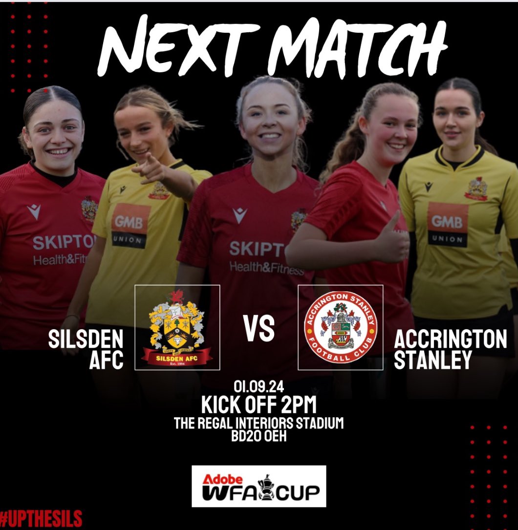 Your support means the world to our girls! 

🆚Accrington Stanley 
🏆FA Cup 
🗓Sunday 01/09/24
⏰2 PM KO
🏟Regal Interiors Stadium
📍BD20 0EH
🎟️ Adults £3, Over 65’s £2 Children £1.  CASH ONLY

* Children also receive a free juice &amp; crisps 

#UpTheSils #ourgametoo #thisgirlcan
