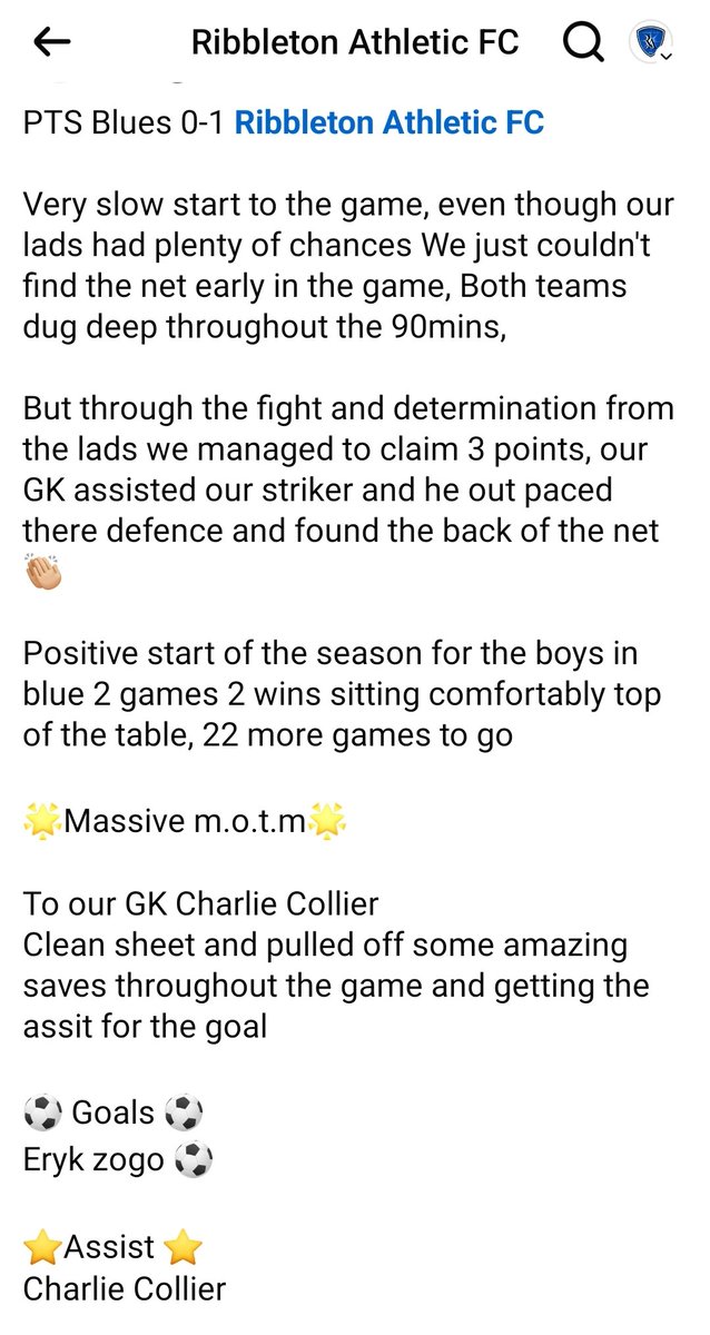 Full time result 

PTS Blues 0-1 Ribbleton