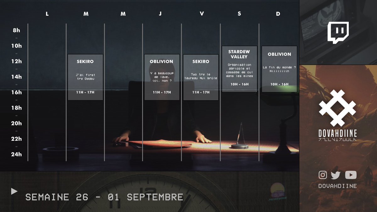 P L A N N I N G

- poursuite de Sekiro (j'ai first try Gyobu)
- suite d'Oblivion, également (fécho là)
- et on retrouve <a href="/tonton_nurgle/">Tonton_Nurgle</a>  sur le Stardew habituel