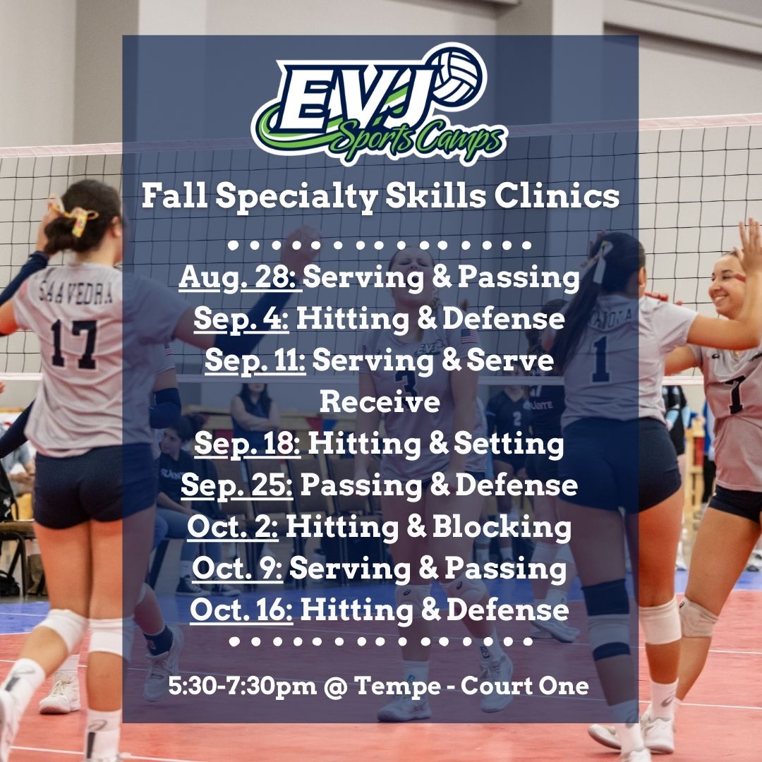 Our Fall Specialty Skills Clinics begin this Wednesday at Court One in Tempe!🏐 They are designed to focus on specific skills to help YOU improve! These clinics are for experienced players, grades 5th-11th (girls only). Visit the EVJ website to sign up!💚🤍💙