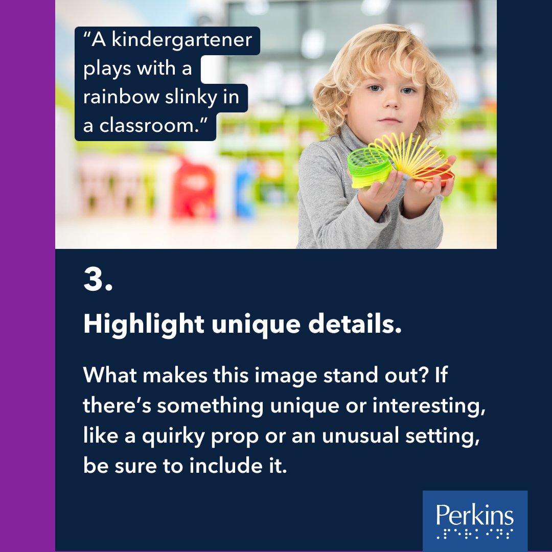 PerkinsVision's tweet image. #AltText and #ImageDescriptions ensure that everyone regardless of their visual ability can understand the visual content on your social media, websites and more. When writing them, include relevant colors, expressions, and body language, but don&apos;t forget to keep it concise.