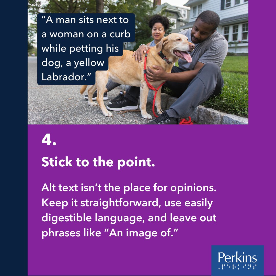 PerkinsVision's tweet image. #AltText and #ImageDescriptions ensure that everyone regardless of their visual ability can understand the visual content on your social media, websites and more. When writing them, include relevant colors, expressions, and body language, but don&apos;t forget to keep it concise.