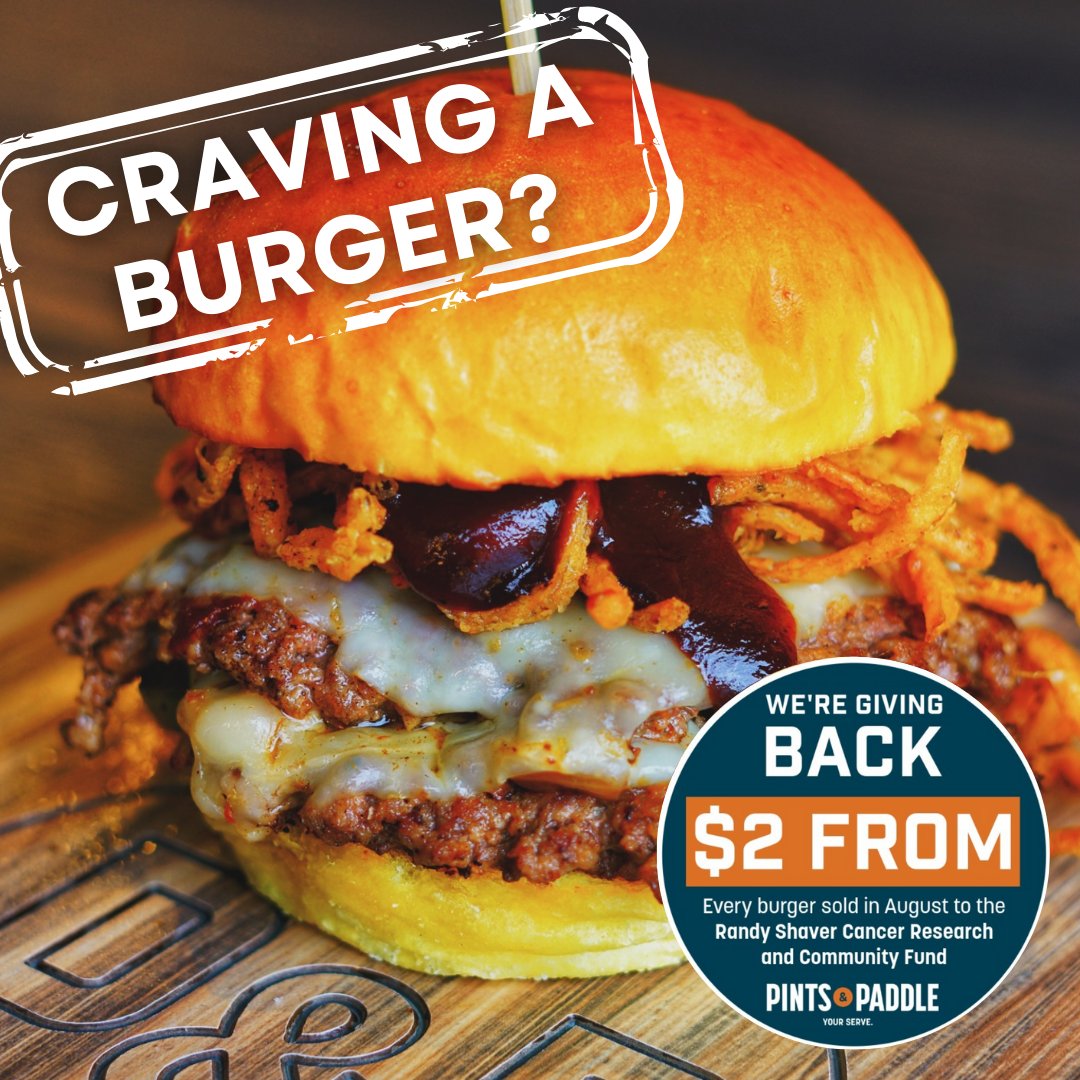 Randy Shaver Fund (@rscrcf) on Twitter photo Craving a burger? 🍔 There is still time to head to <a href="/pintsandpaddle/">Pints & Paddle</a> for a juicy burger and benefit <a href="/RSCRCF/">Randy Shaver Fund</a>! Order ANY burger in August and $2 will be donated to our charity.
#CommunityThatCares #RandyShaverCancerFund #PintsandPaddle Craving a burger? 🍔 There is still time to head to <a href="/pintsandpaddle/">Pints & Paddle</a> for a juicy burger and benefit <a href="/RSCRCF/">Randy Shaver Fund</a>! Order ANY burger in August and $2 will be donated to our charity.
#CommunityThatCares #RandyShaverCancerFund #PintsandPaddle