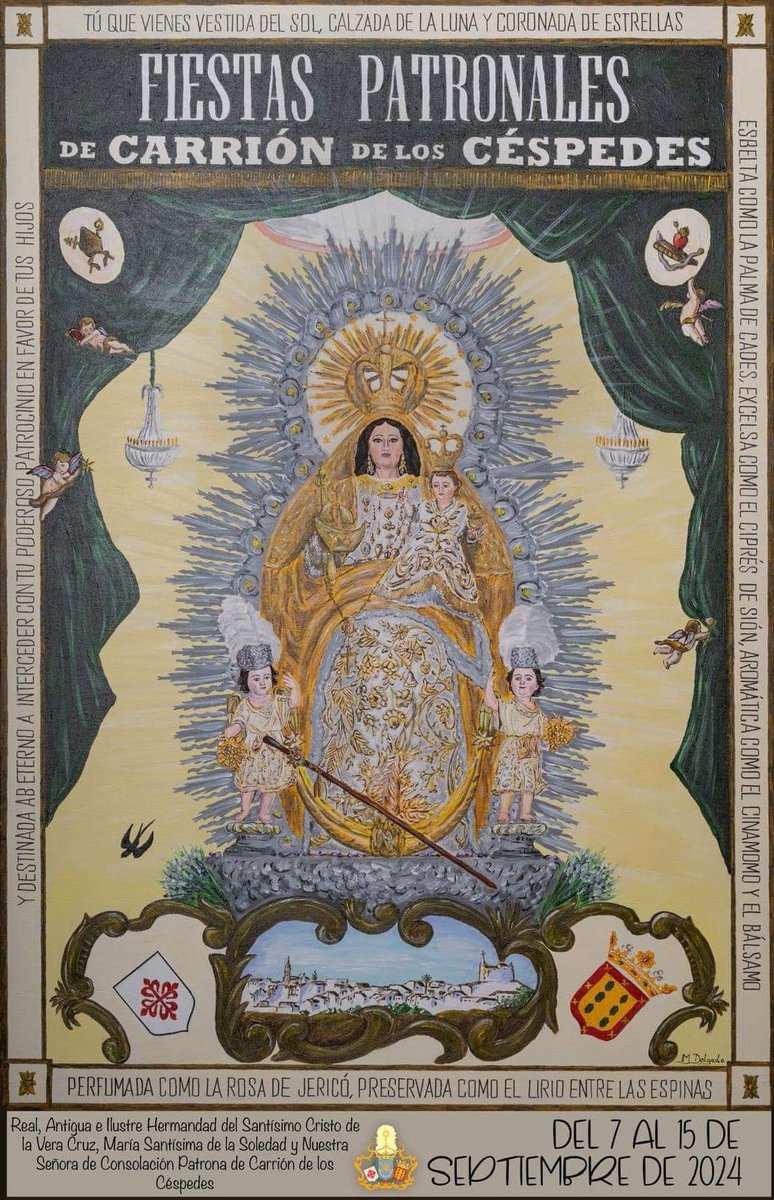 EstandartedeSev's tweet photo. 🟢 #EstandarteDS | La @HdadConsolacion de Carrión de los Céspedes ha presentado el cartel de sus fiestas patronales para el mes de septiembre, obra del hermano José María Delgado Luque https://t.co/BBluiCd47s