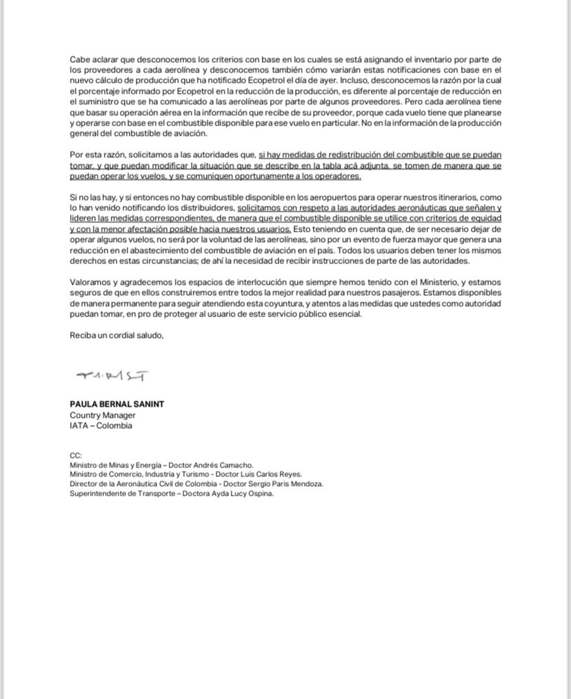 UltimaHoraCR's tweet image. #ATENCIÓN La Asociación de Transporte Aéreo Internacional (@IATA), envió una carta a la @MinTransporteCo, @Maria_Constanz_, por la posible escasez de combustible para aviones en el país.