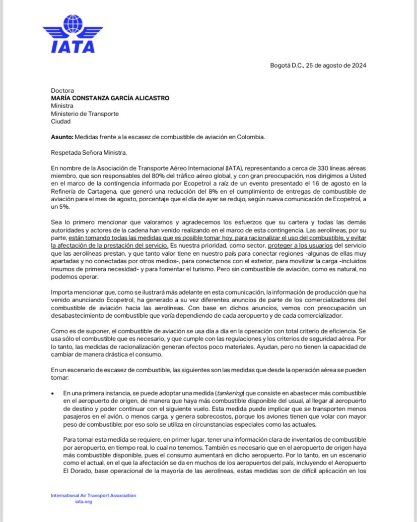 UltimaHoraCR's tweet image. #ATENCIÓN La Asociación de Transporte Aéreo Internacional (@IATA), envió una carta a la @MinTransporteCo, @Maria_Constanz_, por la posible escasez de combustible para aviones en el país.