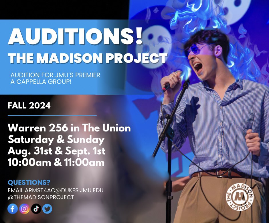 maddyproj's tweet photo. Ⓜ️ AUDITION SEASON IS HERE! Ⓜ️

Come out and audition for The Madison Project on Saturday, August 31st @ 10AM and Sunday, September 1st @ 11AM! The initial meeting is in The Union in Warren 256 (near the mail room!) for both audition days! https://t.co/AuF3IuoF7i