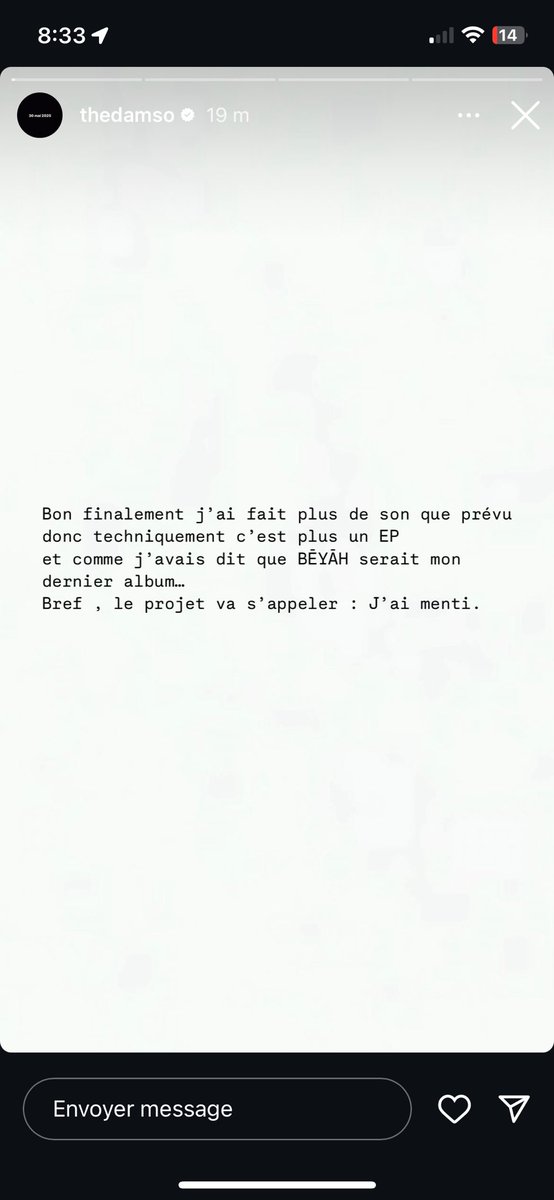 InflowOfficiel's tweet photo. Damso vient d’annoncer le nom de son prochain projet et ce sera une mixtape ! 💿 

📆 Et c’est pour très bientôt ! 

« J’ai menti » 😶 https://t.co/BHGriHx0DT