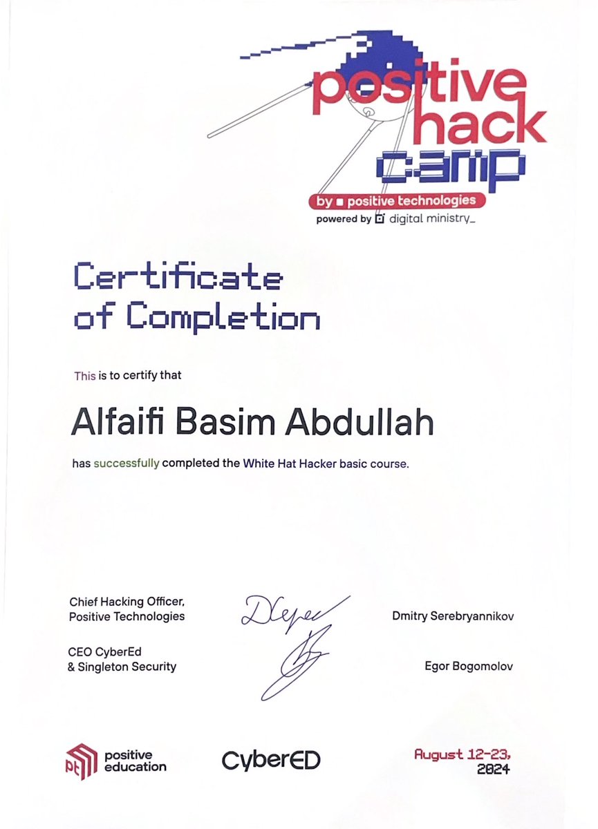 iiBexK's tweet photo. الحمد لله 🤍🤍 .

After two consecutive weeks, I completed the #positivehackcamp by @ptsecurity and powred by digital ministry , it was one of the most beautiful experiences I had many unforgettable moments and new friends I was honored to know. 

#CyberSecurity 
#Russia https://t.co/YsYIsx0oXk