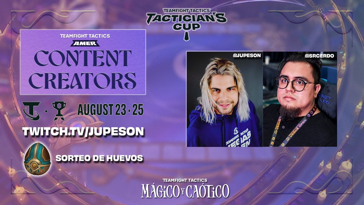 jupeson's tweet photo. 🎁 SORTEO Día 3 - Tactician's Cup #3 celebrando a los mejores de #TFTAmericas

 x20 huevos de minileyenda:
✅Sigue a: @jupeson  &amp; @SenorCerdo_TFT 
🔁Comparte
 ✍️Comenta "VUAAAMO"

 ¡¡Hoy también trivas al chat con 50 huevos de premio!!
Ahi nos vemos VUAAAMO  🖐️ https://t.co/47sqltBgId